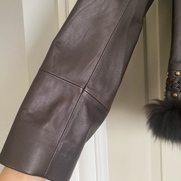 Lafayette 148 New York Brown Leather Jacket with Cropped Fit Fur Trim 100% Fox - Picture 4 of 13